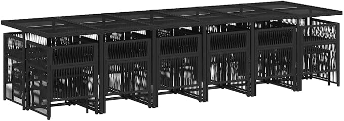 17 Piece Garden Dining Set, 16 Person Outdoor Dining Table and Chairs with Cream White Cushions, Black Poly Rattan and Steel Frame for Patio and Terrace, 130in Long