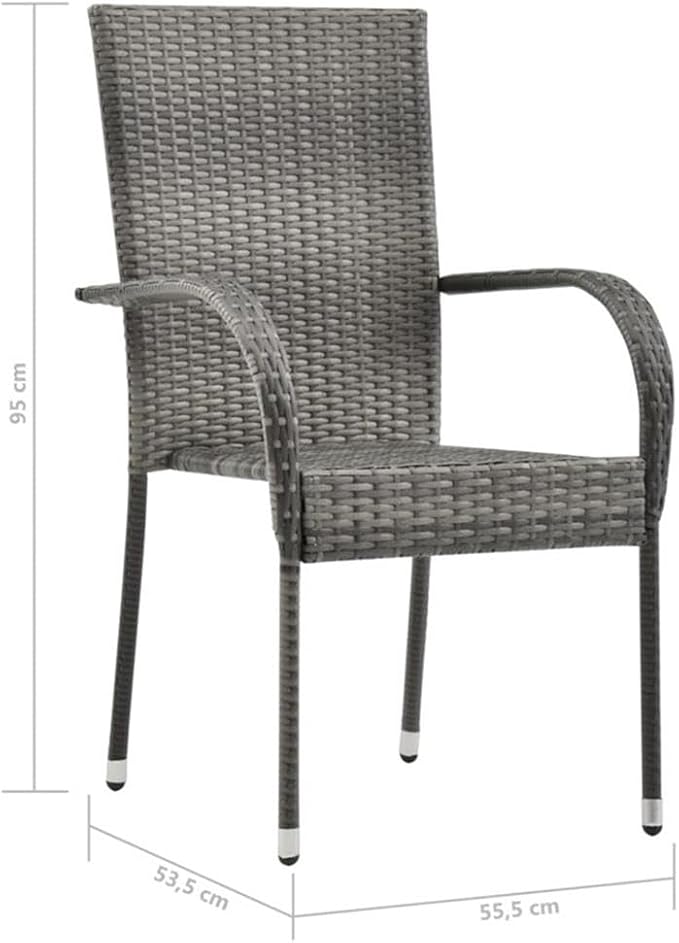 BOWERY HILL 7-Piece Patio Dining Set, Solid Acacia Wood Table and Powder-Coated Steel Frame, Gray Finish, Includes 6 PE Rattan Stackable Chairs, Rectangular Table for Outdoor Garden or Terrace Dining
