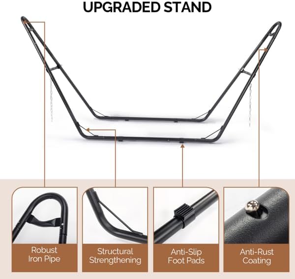 Hammock with Stand, Quilted Pad & Pillow, 76.8 x 55.1in Bed (Beige) | Anti-Rust Iron Frame, Adjustable Steel Chains