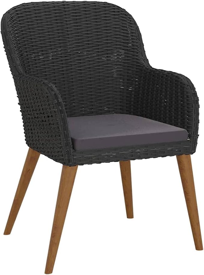 7 Piece Patio Dining Set, Outdoor Dining Table and Chairs with Cushions, Tempered Glass Table and 6 Rattan Chairs with Acacia Wood Armrests for Backyard Patio