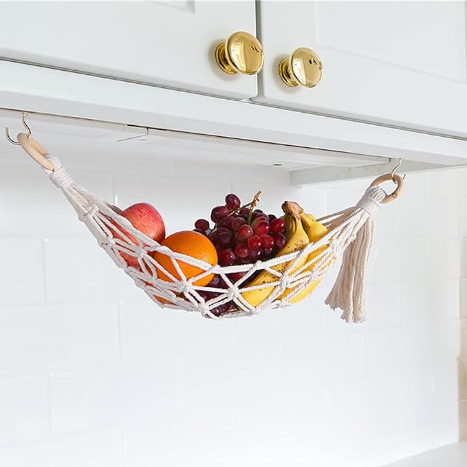 22 Inches Hanging Fruit Hammock Fruit Vegetable Hanger Basket Fruit Holder Net Banana Storage Hammock with 2 Pcs Screw Hooks for Kitchen Under Cabinet