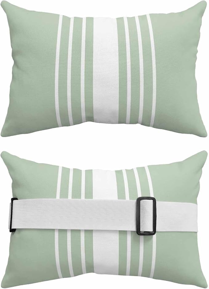 Pack of 2 Outdoor Lumbar Pillow Covers 12x20 Inch, Sage Green White Stripe Waterproof Throw Pillow Covers Set, Modern Rustic Vertical Striped Indoor&Outdoor Cushion Cases for Patio Porch Beach