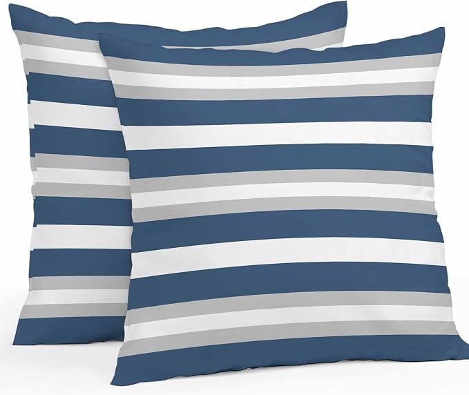Throw Pillow Covers 18x18 Inch Set of 2, Navy Blue Grey Stripe Waterproof Outdoor Pillow Covers, Minimalist Farmhouse Striped Decorative Cushion Pillowcases for Couch, Sofa, Bed, Garden, Patio