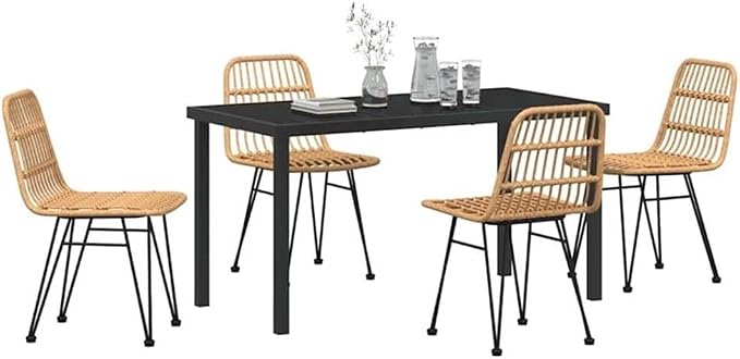 Afuera Living 5 Piece Poly Rattan Garden Dining Set, Brown Finish, Powder-Coated Steel Frames, Weather-Resistant UV-Protected Materials, Rectangular Table, Seating for 4, Modern Patio or Garden