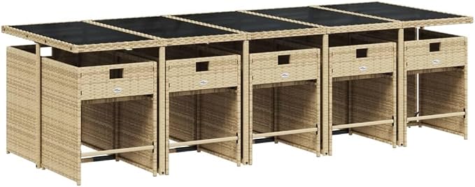 11 Piece Outdoor Patio Dining Set, Poly Rattan Garden Table and 10 Chairs with Cushions, Space Saving Cube Design, Beige