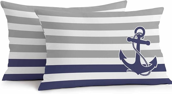 Lumbar Pillow Covers 20x12 Inch Set of 2, Anchor Gray Waterproof Outdoor Cushion Covers, Modern Navy Blue White Striped Nautical Decorative Pillowcases for Couch, Sofa, Bed, Garden, Patio