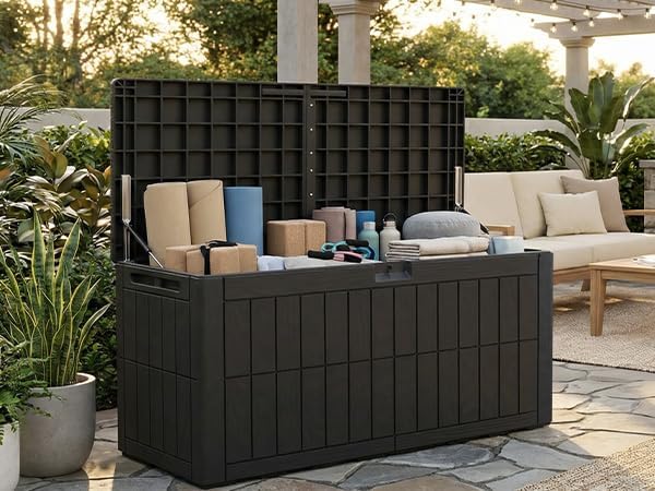 100 Gallon Outdoor Storage Box, Black Resin Deck Box Lockable Storage Bin for Patio Furniture Cushions Pool Accessories Garden Tools, 48.0x24.0x21.2in