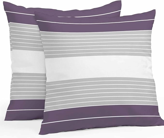 Purple Grey Stripe Outdoor Pillow Covers Waterproof, All Weather Cushion Case Set of 2, Modern Art Horizontal Striped Decorative Pillowcases for Sofa Couch Bed Decor Patio Furniture 16"x16"