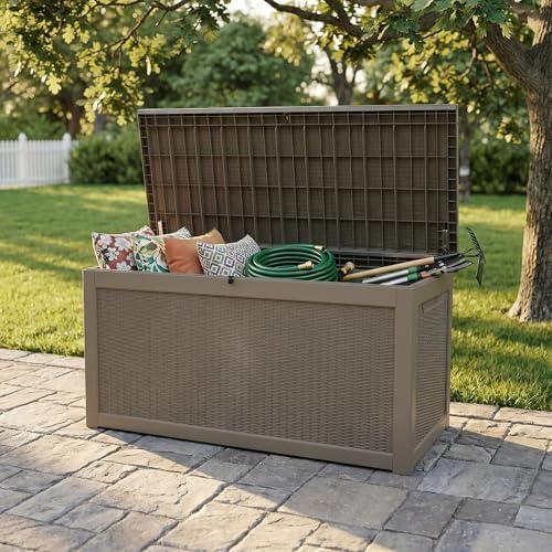 260 Gallon Deck Box, Waterproof Resin Outdoor Storage Box with Lockable Lid, Patio Storage Box with Fade Resistant for Patio Furniture Cushions, Pool Accessories, Garden Tools, Light Coffee