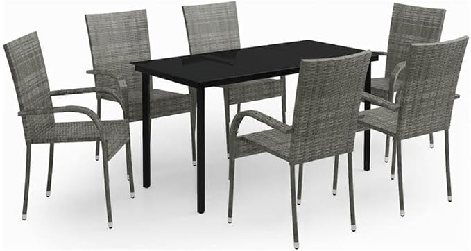 Afuera Living 7-Piece Garden Dining Set, Gray and Black Finish, PE Rattan and Powder-Coated Steel, 55.1 in Rectangular Table, Weather-Resistant, Modern Patio or Terrace Furniture, Seats 6