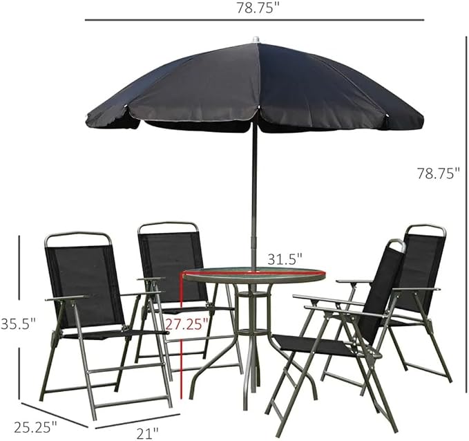 6 Piece Patio Dining Set for 4 with Umbrella, Outdoor Table and Chairs with 4 Folding Dining Chairs & Round Glass Table for Garden, Backyard and Poolside, Black