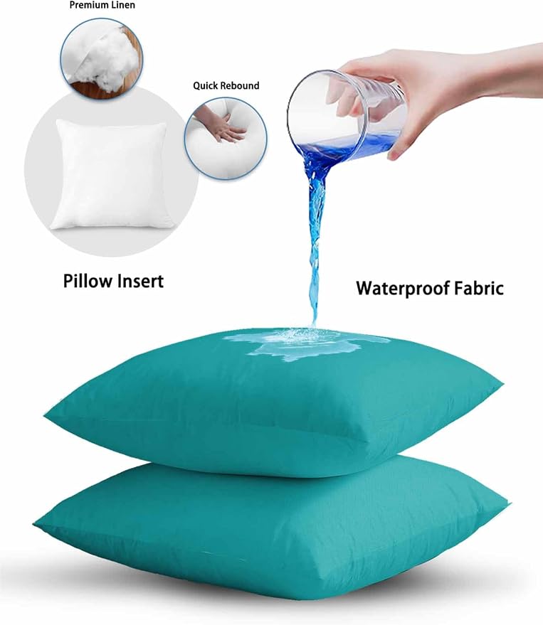 Waterproof Outdoor Pillow Set of 2 Teal Green Decorative Throw Pillows Cover & Insert 16x16 Inch Pillowcase Solid Teal Color Square Pillows for Couch Sofa Bed Patio Furniture Indoor Outdoor