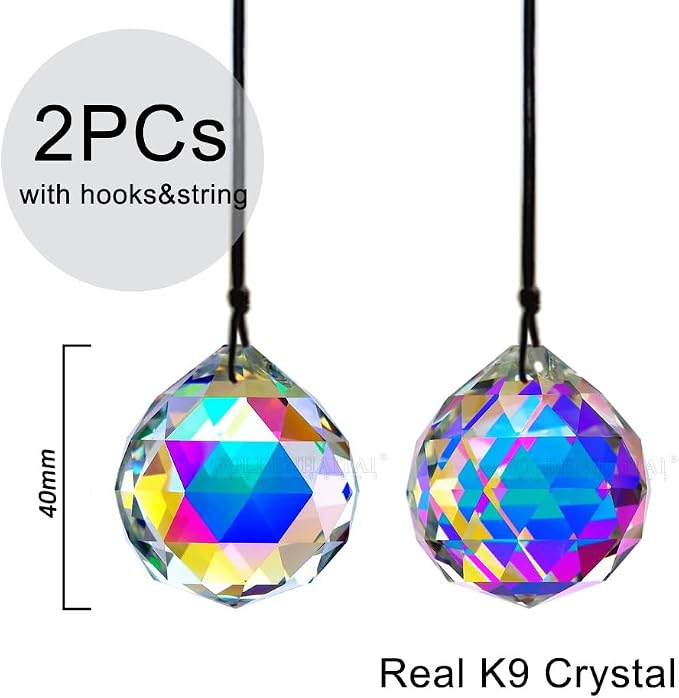 2PCS Ball Crystal Suncatcher Prisms for Windows (Ball ABColor) | AB Color, Transparent, K9 Glass, Rainbow Maker, with Hooks & Cord