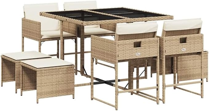 Afuera Living 9-Piece Poly Rattan Patio Dining Set, Beige/Cream Color, Includes Table, 4 Chairs, 4 Stools, Removable Cushions, Weather-Resistant Build, Powder-Coated Steel, Modern Outdoor/Garden