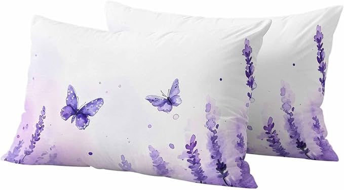 Spring Purple Lavender Outdoor Waterproof Throw Pillow Covers Set of 2, 20"x12", Country Watercolor Purple Floral Butterfly Decorative Pillow Covers Outside Cushion Case for Patio Porch Garden