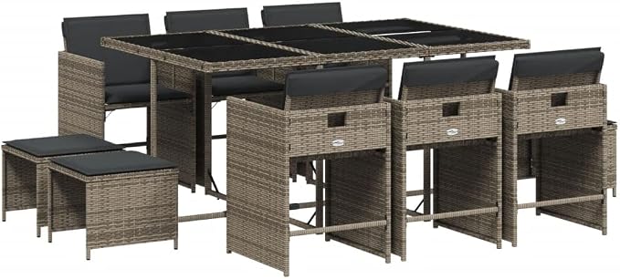 11 Piece Outdoor Patio Dining Set, PE Rattan Wicker Furniture with Cushions, Space Saving Cube Table and Chairs for Garden, Backyard, Deck, Gray