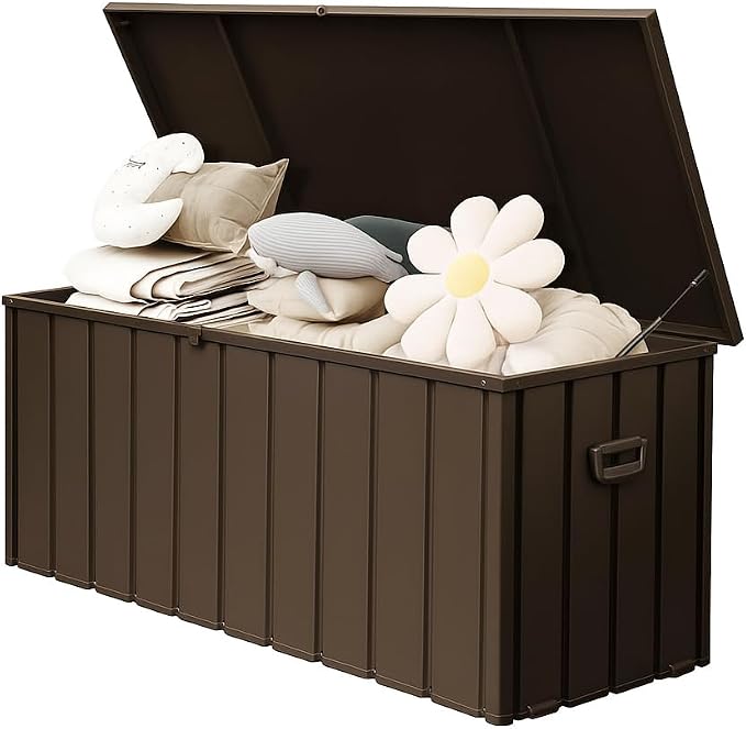 190 Gallon Metal Deck Box, Waterproof Steel Outdoor Box, Large Patio Furniture Storage Cabinet, Lockable Storage Bench for Porch Package Delivery, Pillows, Cushions, Pool, Tools, Backyard, Brown