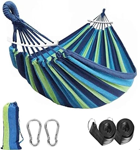 Outdoor Hammock Portable Garden Hammock Sports Home Travel Camping Swing Canvas Stripe Hang Bed Hammock Double Single People (260x150 Blue Set)