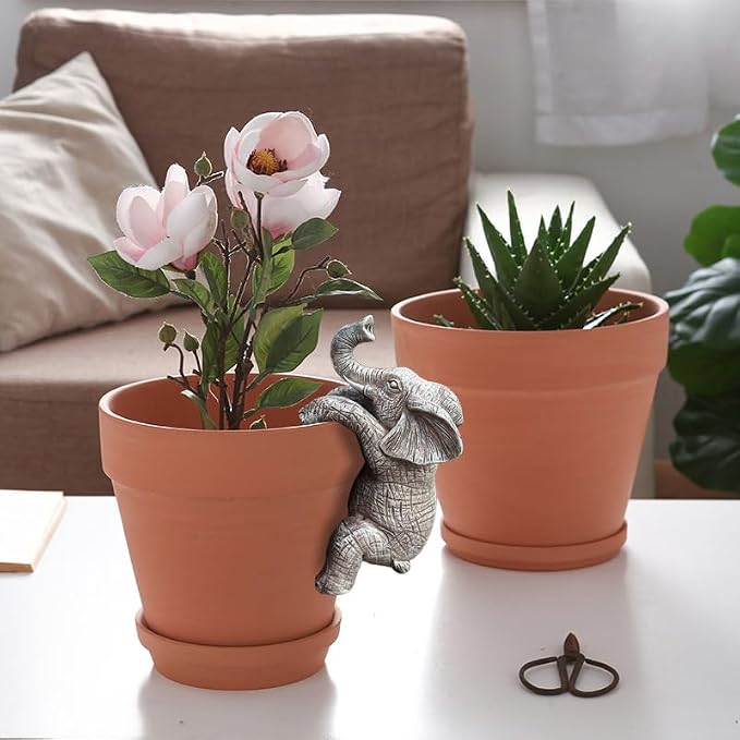 Cute Climbing Elephant Flower Pot Hugger Figurines Resin Hanging Elephant Statue Planter Pot Decorations for Home Garden Fence Balcony Patio Lawn Yard Ornaments