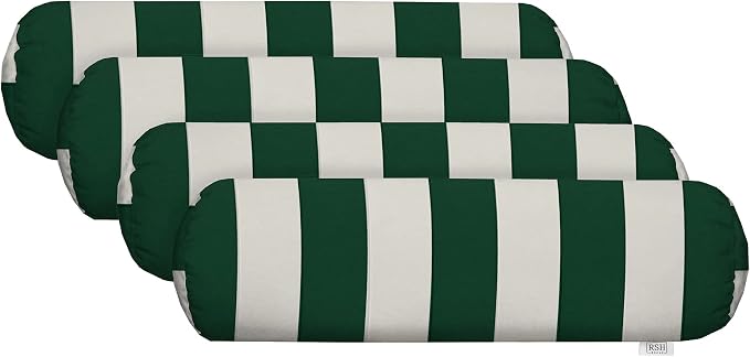 RSH DECOR: Neck Roll Jumbo Bolster Pillows Set of 4 | 24” x 8" | All-Weather Spun Fabric | Water and Fade-Resistant | Outdoor Support Pillows for Patio Furniture | Hunter Green & White Stripe