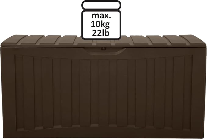 Ram Quality Products Plastic 90 Gallon Outdoor Lockable Backyard Storage Bin Deck Box for Cushions, Pool Accessories, and Towels, Brown