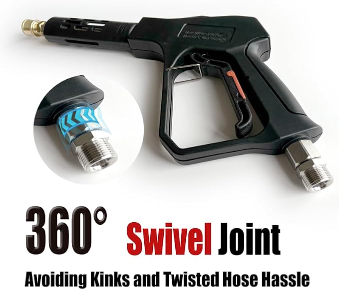 Swivel Pressure Washer Gun,Sturdy 5000PSI Short Power Washer Wand Carwash Spray Foam Gun Handle with 3/8 Plug & M22-14mm & M22-15mm and 1/4 Adapter 5 nozzles