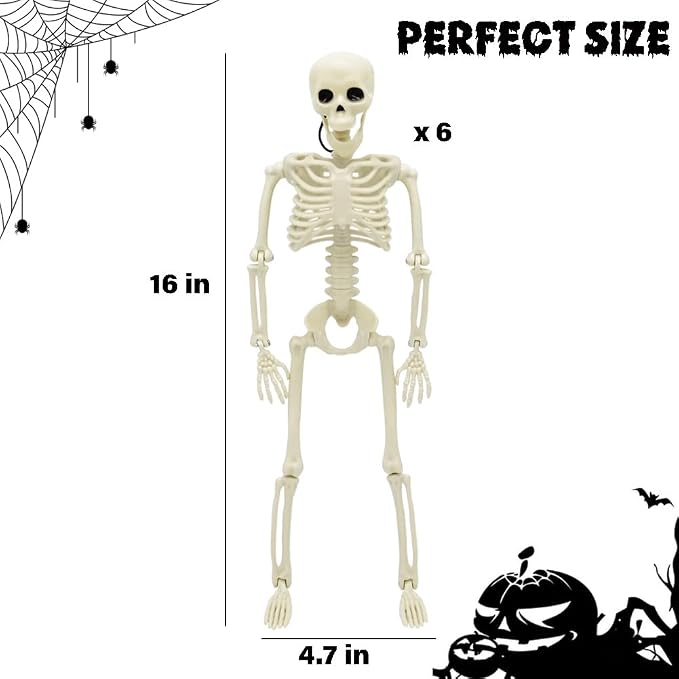 6 Packs Halloween Skeletons, 16 Inch Posable Skeletons for Halloween Props | Mini Plastic Skeleton for Yard Garden Lawn Haunted House Graveyard Decor