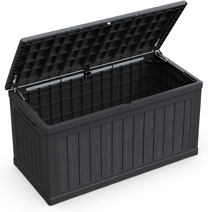 Large Outdoor Storage Deck Box for Patio Furniture, Cushions, Garden Tools and Sports Equipment, Weather-Resistant Resin with Locking Lid (Black + Plastic)