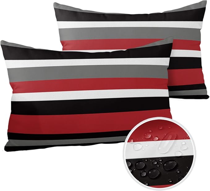 Multicolor Horizontal Stripes Outdoor Pillow Covers Set of 2, Decorative Waterproof Throw Pillow Case, Red White Gray Cotton Linen Soft Cozy Cushion Pillowcases