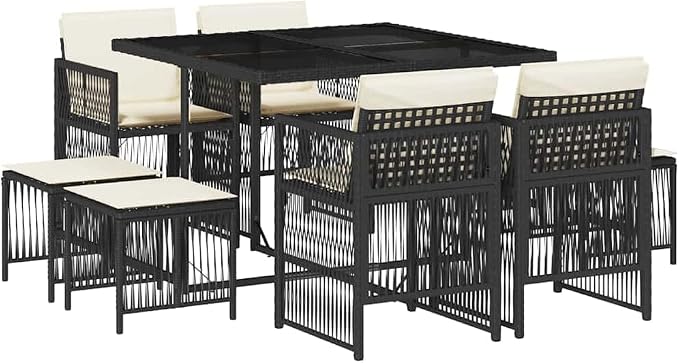 9-Piece Outdoor Garden Dining Set, 8 Person PE Rattan Patio Furniture Set with Rectangular Table, 4 Chairs and 4 Stools, Space Saving Woven Wicker Dining Set for Backyard, Black