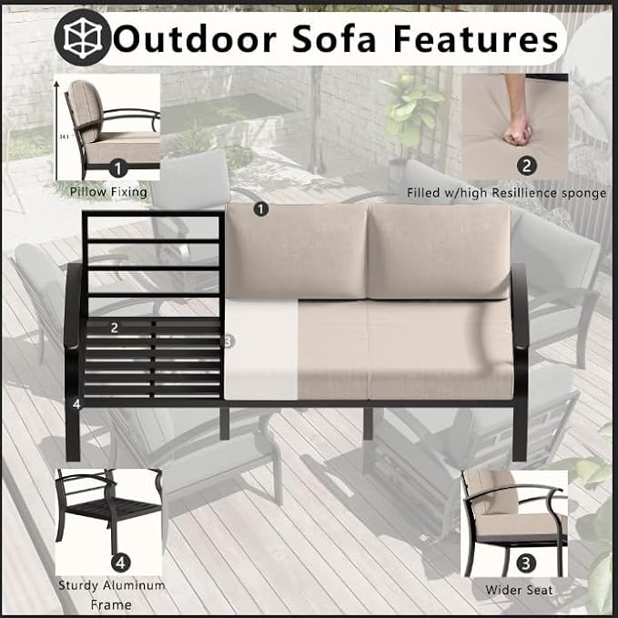 Patio Furniture Set 6-Piece Aluminum Armrest Sofa, All-Weather Patio Conversation Set with Tempered Glass Top Table & Removable Sponge Cushions for Backyard Poolside-Sand