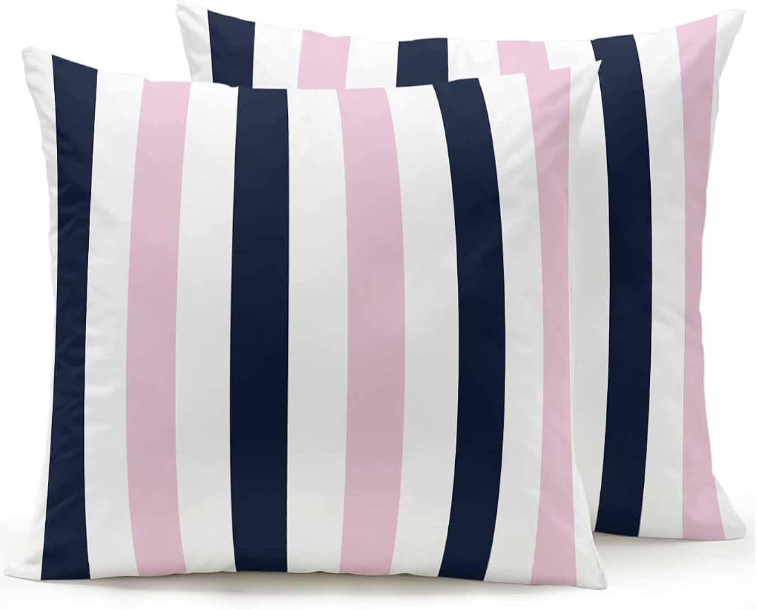 Outdoor Pillows Waterproof, Pink Navy Blue Striped Bedding Throw Pillows with Insert for Couch Sofa Bed, Farmhouse Stripe Art 16x16 Inch Pillowcases Decorative Camping Patio Pillow Set of 2