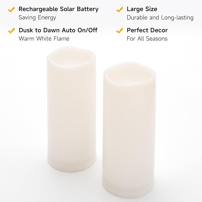 NURADA Large Outdoor Solar Candles Waterproof - 10" x 4" Rechargeable Solar Powered Flameless LED Pillar Flickering Candle for Patio Porch Lanterns Decor - Ivory White