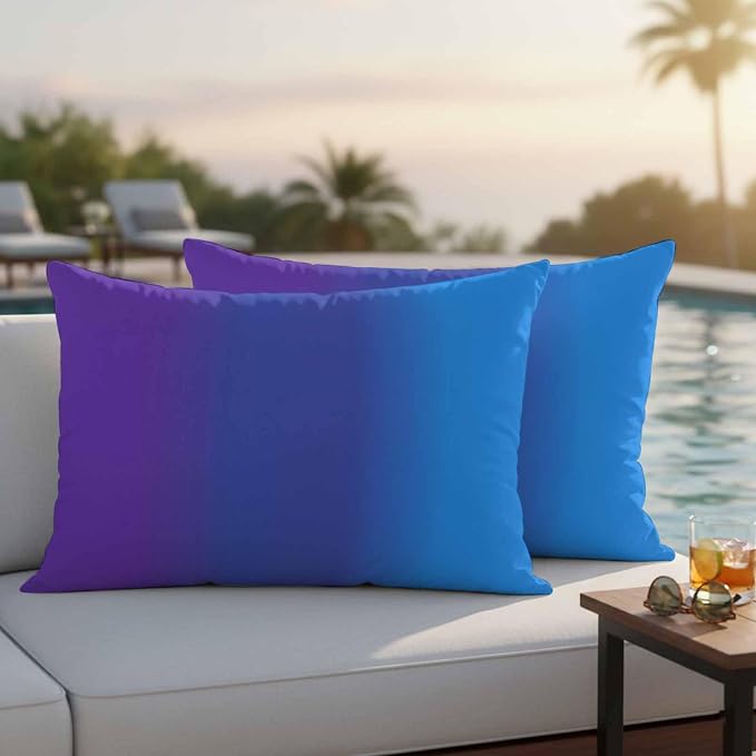 Purple Blue Ombre Outdoor Pillow Covers Waterproof, All Weather Cushion Case Set of 2, Modern Color Gradient Striped Lumbar Pillowcase for Sofa Couch Bed Decor Patio Furniture 20"x12"