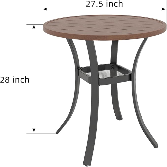 Anmutig Small Outdoor Patio Dining Set, 27.5 Inch Brown Top Round Table with 2 Navy Blue Textilene Swivel Rocker Chairs - Retro Armrest Style1
