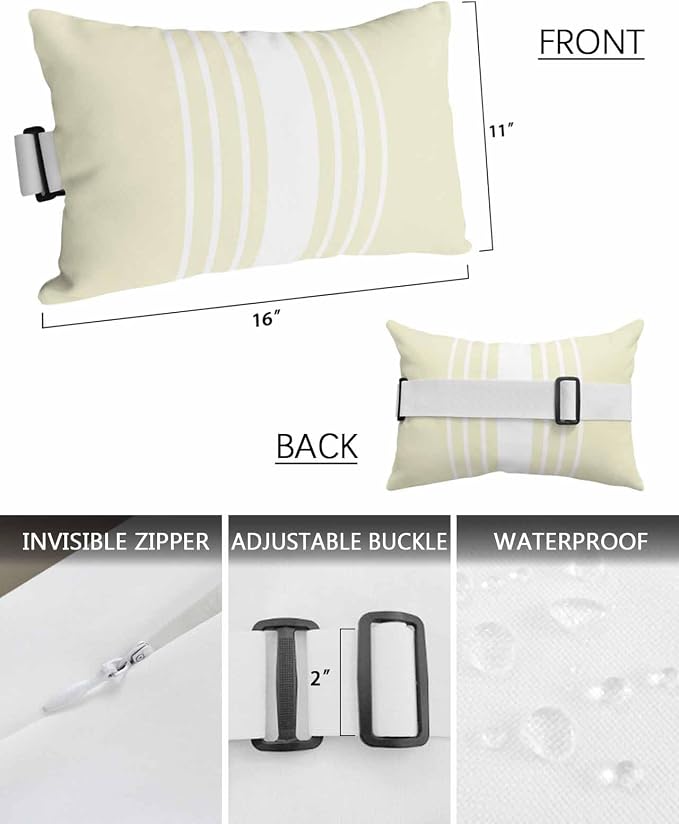 Outdoor Pillow for Lounge Chair with Strap & Insert Cream Vertical Stripes Recliner Head Pillow Classic Striped Waterproof Headrest Patio Lumbar Pillows for Beach Pool Office Chaise Chair 11x16 Inch