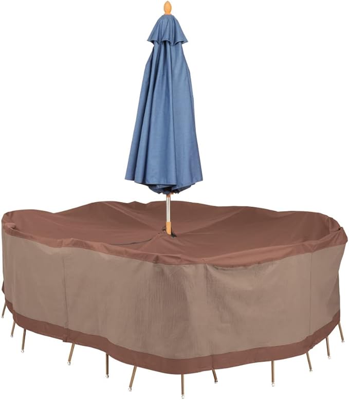 DUCKCOVERS Ultimate Waterproof 88 Inch Rectangular/Oval Patio Table & Chair Set Cover with Umbrella Hole, Outdoor Table Cover