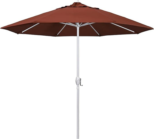 California Umbrella 12-Year Protection 9' Rd Aluminum Patio Umbrella, Crank Lift, Auto Tilt, White Finish, Sunbrella Terracotta