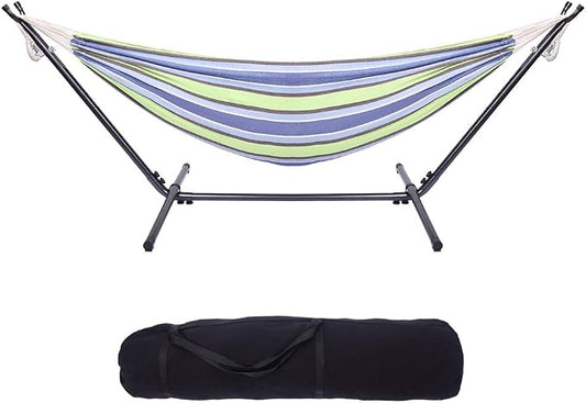 Vasitelan Hammock with Space Saving Steel Stand Included 2 Person Heavy Duty Outside Garden Yard Outdoor 330lb Capacity 2 People Standing Hammocks and Portable Carrying Bag (Green Stripe)