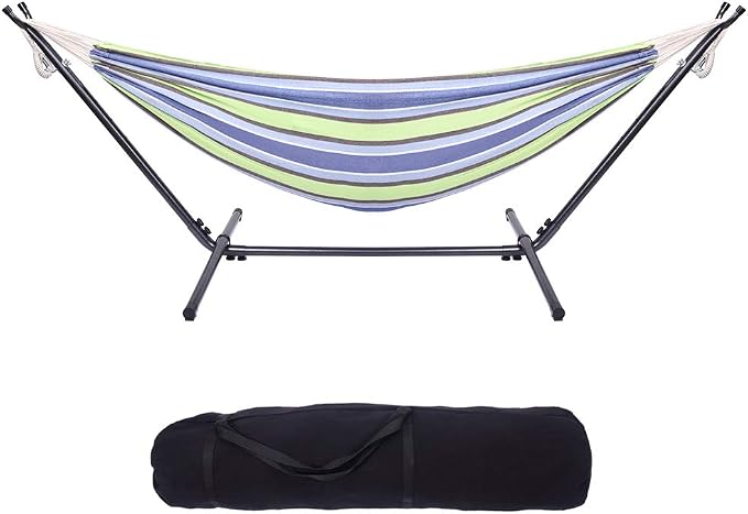 Vasitelan Hammock with Space Saving Steel Stand Included 2 Person Heavy Duty Outside Garden Yard Outdoor 330lb Capacity 2 People Standing Hammocks and Portable Carrying Bag (Green Stripe)