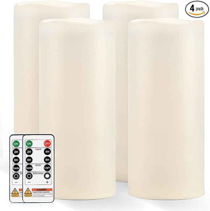 Homemory 12" x 5" Large Waterproof Outdoor Flameless Candles with Remote Control and Timer, Battery Operated Flickering LED Pillar Candles for Outdoor Larterns, Porch, Long Lasting, Set of 4