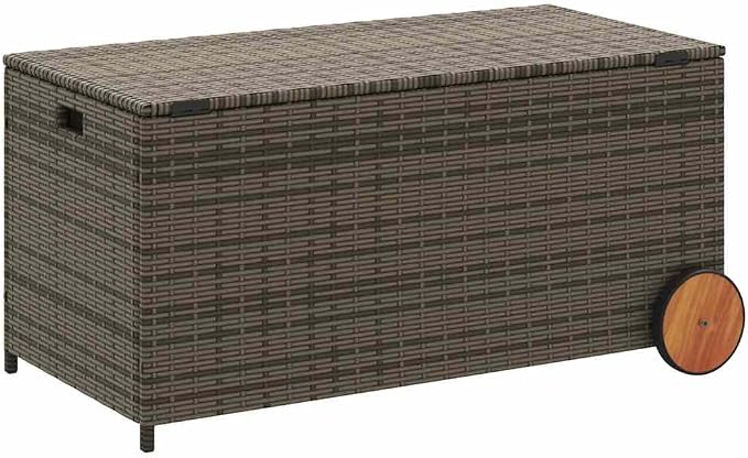 Large 50.2 Gallon Outdoor Storage Box with Wheels, Gray PE Rattan Garden Furniture for Patio & Deck, Cushion Organizer with Gas Spring Lid & Steel Frame