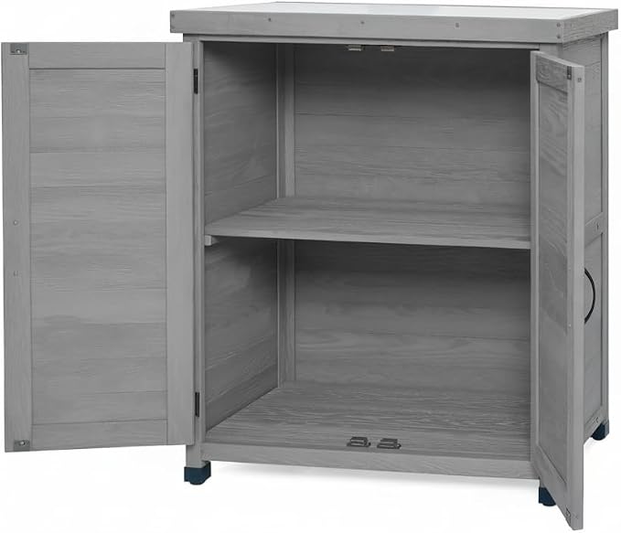 Gray Wood Outdoor Storage Box and Potting Bench with Metal Table Top, Weather-Resistant Deck Box for Patio Garden Tools, Sturdy X-Frame Work Station, 31 x 17 x 36 Inches