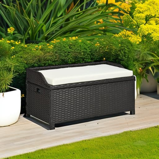 Outsunny 38 Gallon Outdoor Wicker Storage Bench Deck Box, PE Rattan Patio Furniture Pool Storage Bin Container with Interior Waterproof Cloth Bag and Comfortable Cushion, White