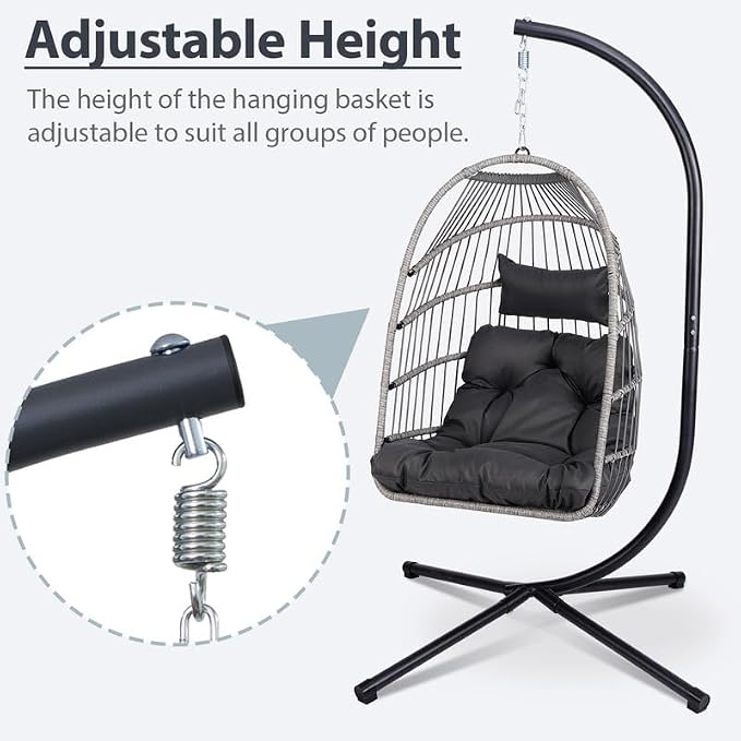 Outdoor Egg Hanging Chair with Stand, Patio Wicker Swing Egg Chair Indoor Swinging Chair Outdoor Hammock Egg Chair