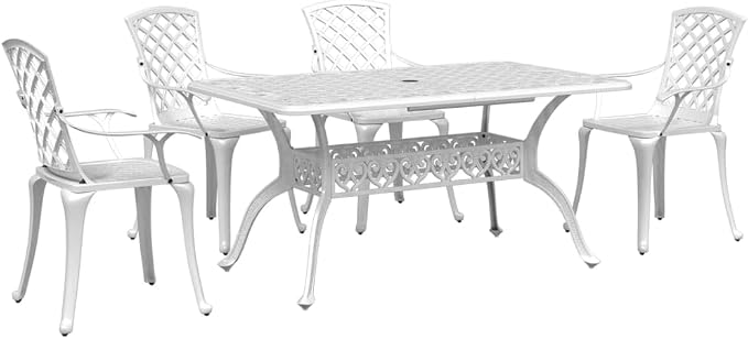 5 Piece Patio Dining Set White Cast Aluminum Outdoor Garden Furniture Table and 4 Chairs with Umbrella Hole for Backyard Lawn Poolside