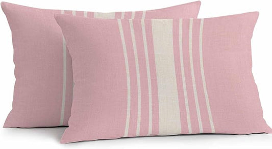 Vandarllin Outdoor Throw Pillows Covers 20x12 inch Set of 2 Waterproof Pink Vertical Stripes Decorative Zippered Cushion Covers for Patio Furniture, Classic Striped Linen Lumbar Pillowcases