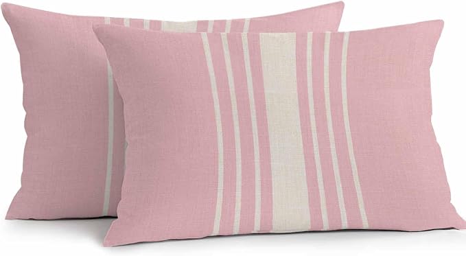 Outdoor Waterproof Pillows Cover Pack of 2 Modern Pink Striped Burlap Texture Decorative Pillowcases with Zipper Cushion Case for Patio Tent Couch Garden 20 x 12 Inches