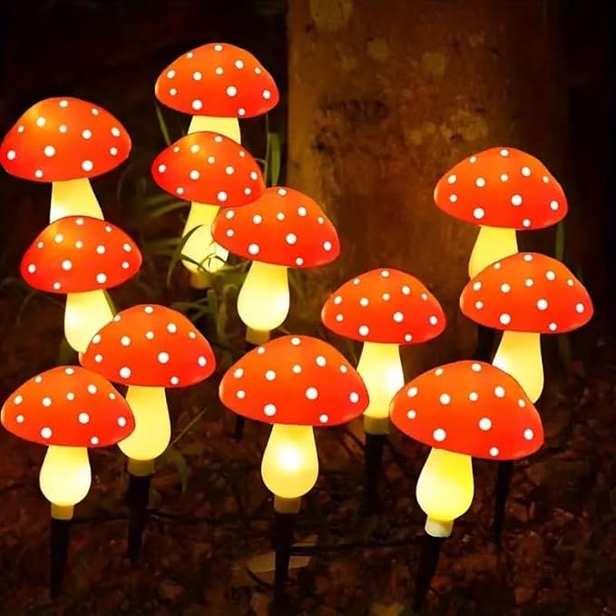 20 Pack LED Outdoor Solar Ground Plug-in red Color Mini Mushroom Warm Lights, Waterproof Solar Courtyard Decoration Cute Little Mushroom Light, with 8 Lighting Modes.