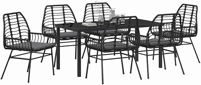 Afuera Living 7 Piece Poly Rattan Garden Dining Set, Black, Weather-Resistant Patio Furniture with Glass Table Top, UV Protection, Comfortable Armrest Seating, Modern Outdoor Dining for Garden or